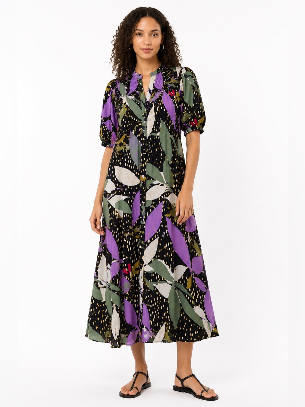 Cantão Midi Shirt Dress Medium Tropical Leaf Print Smocked Yoke Button Front